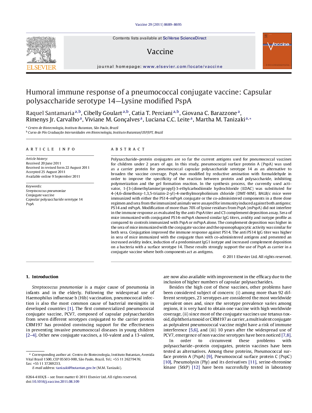 Humoral immune response of a pneumococcal conjugate vaccine: Capsular polysaccharide serotype 14-Lysine modified PspA