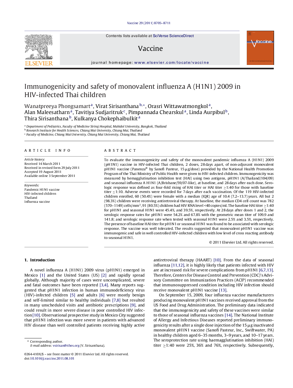 Immunogenicity and safety of monovalent influenza A (H1N1) 2009 in HIV-infected Thai children