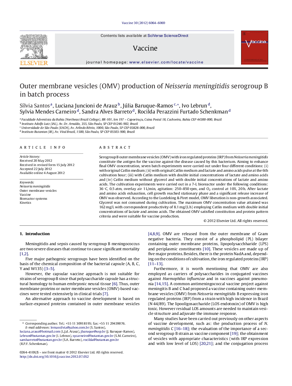 Outer membrane vesicles (OMV) production of Neisseria meningitidis serogroup B in batch process