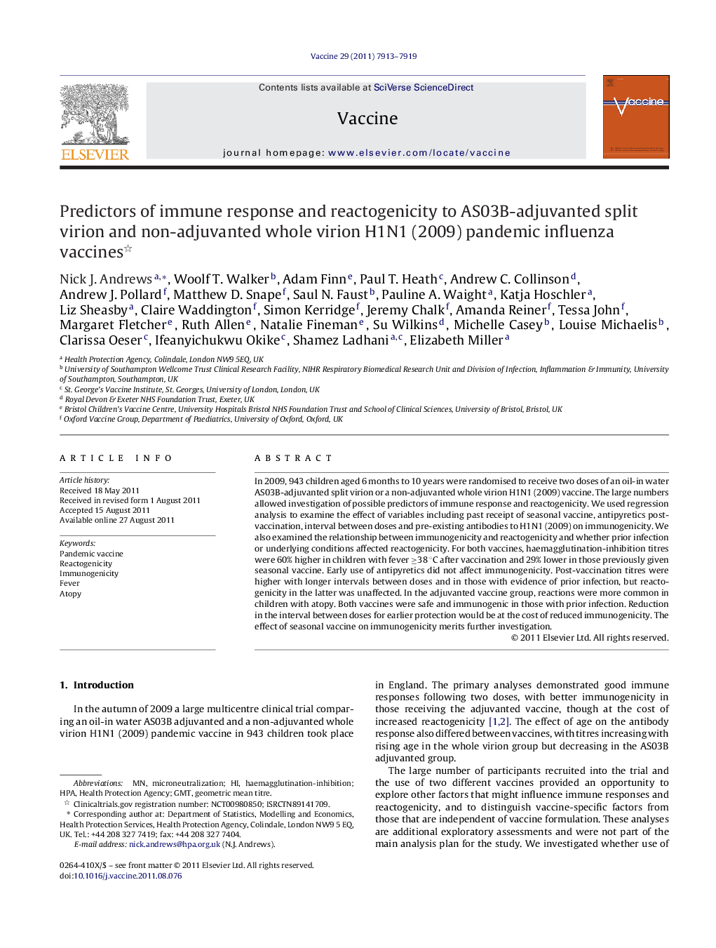 Predictors of immune response and reactogenicity to AS03B-adjuvanted split virion and non-adjuvanted whole virion H1N1 (2009) pandemic influenza vaccines