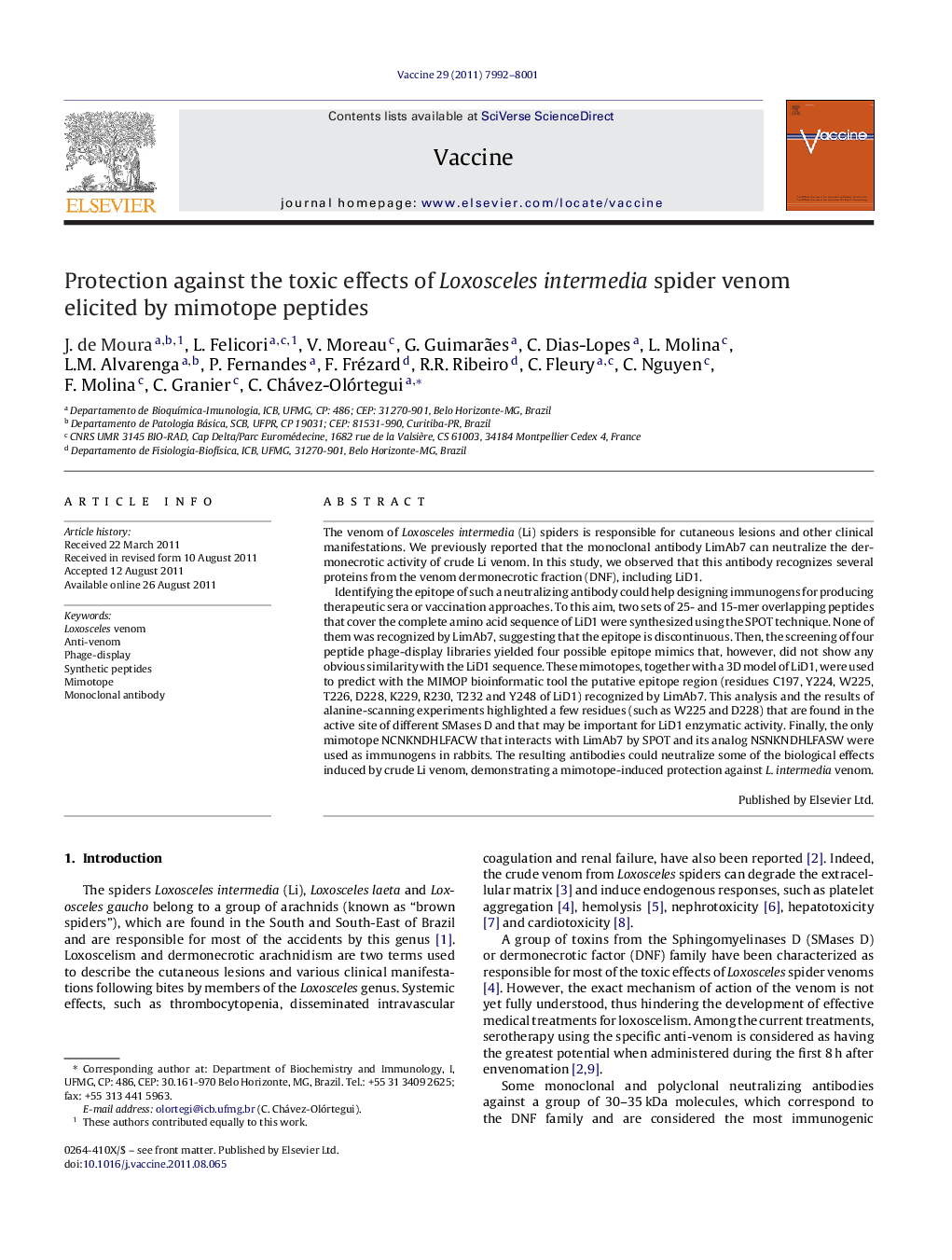 Protection against the toxic effects of Loxosceles intermedia spider venom elicited by mimotope peptides