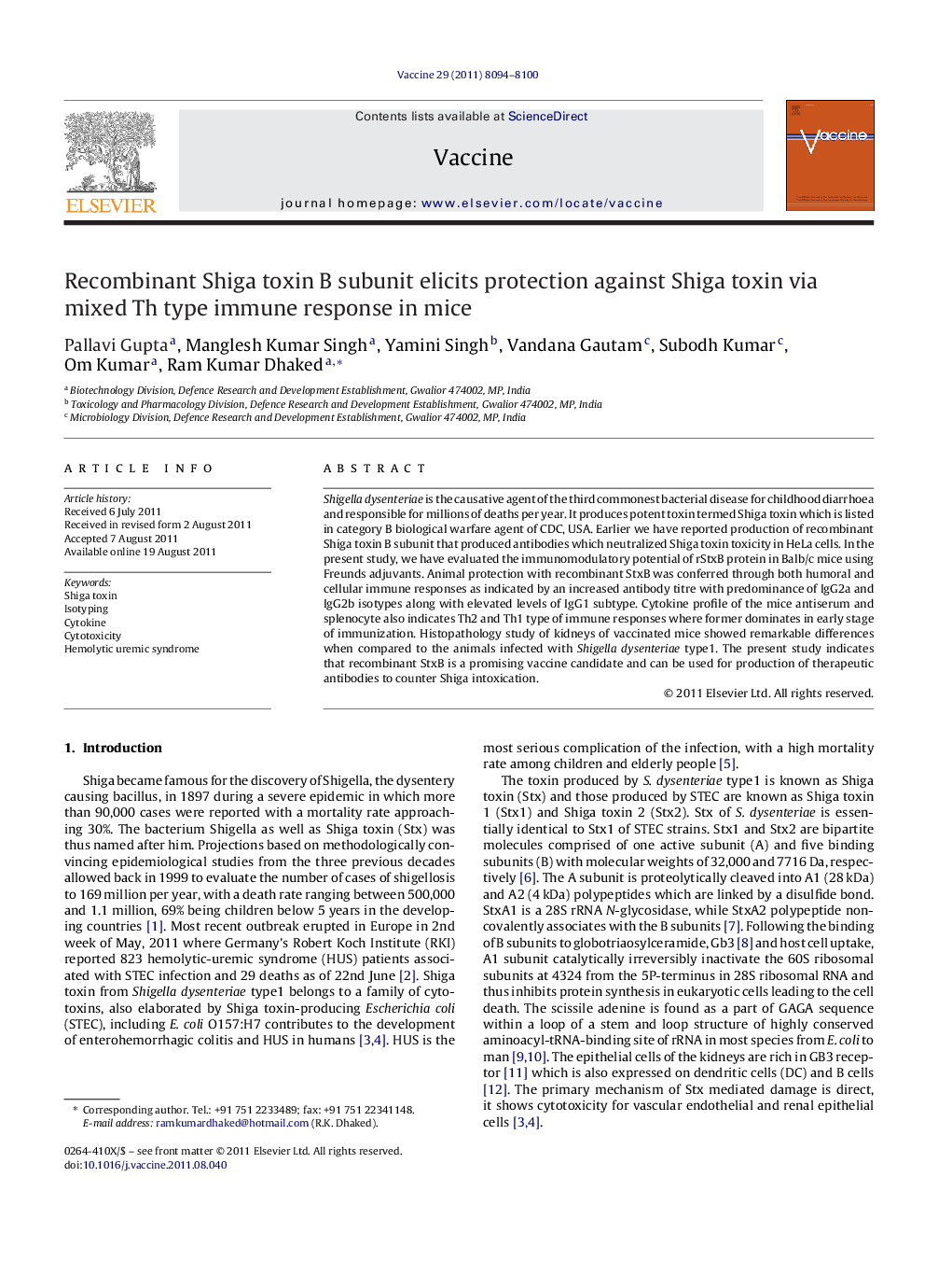 Recombinant Shiga toxin B subunit elicits protection against Shiga toxin via mixed Th type immune response in mice