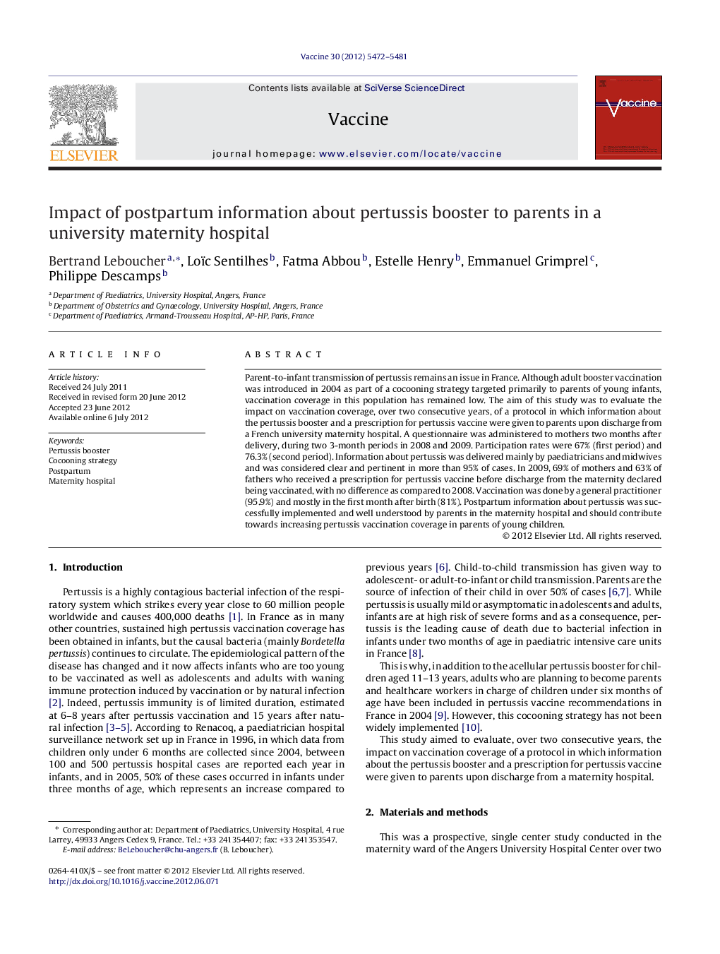 Impact of postpartum information about pertussis booster to parents in a university maternity hospital