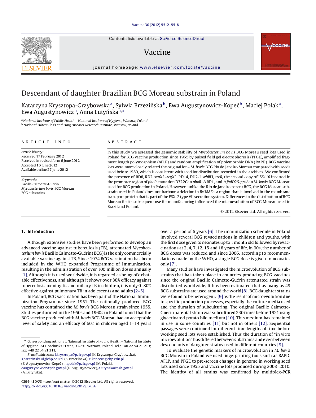 Descendant of daughter Brazilian BCG Moreau substrain in Poland