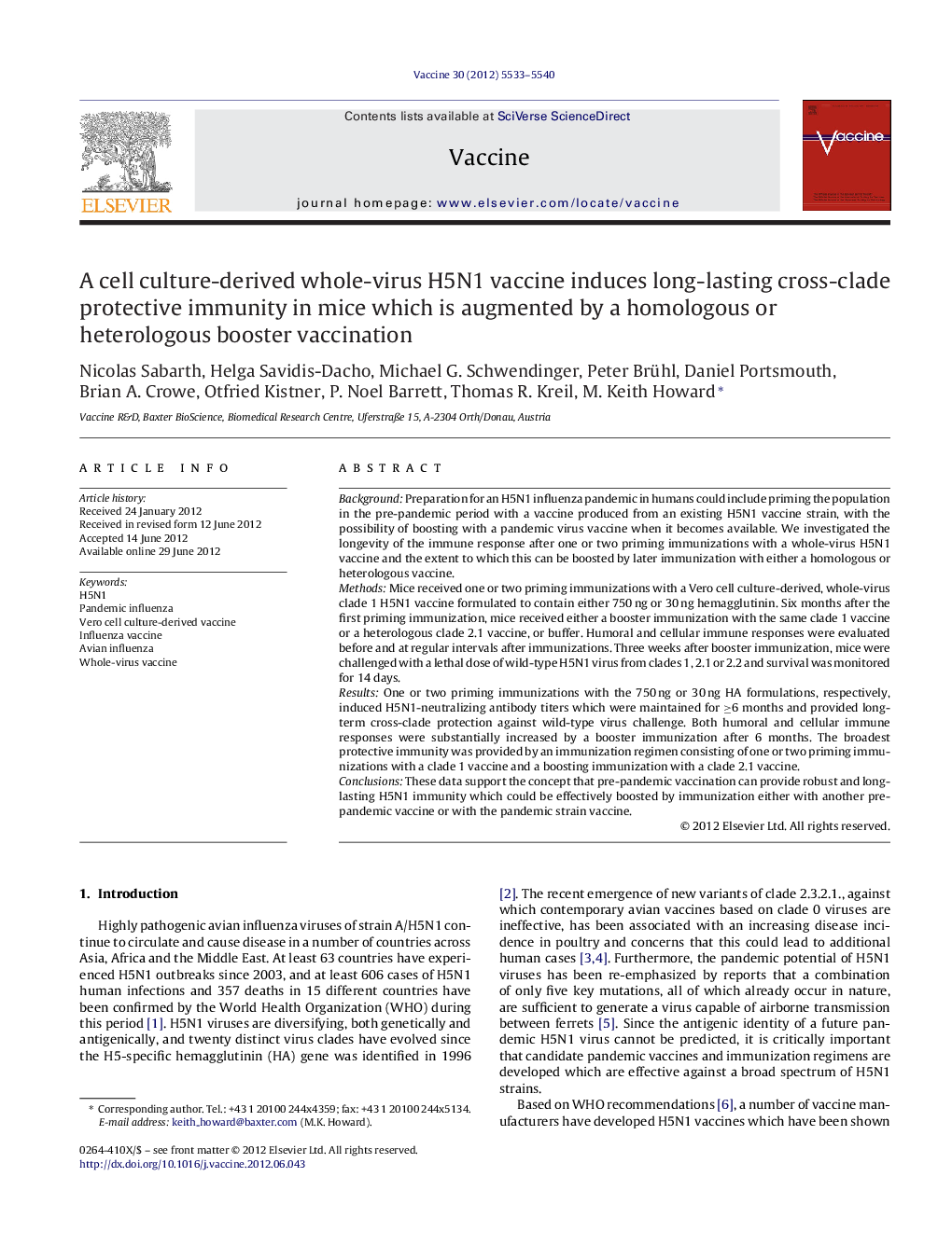 A cell culture-derived whole-virus H5N1 vaccine induces long-lasting cross-clade protective immunity in mice which is augmented by a homologous or heterologous booster vaccination