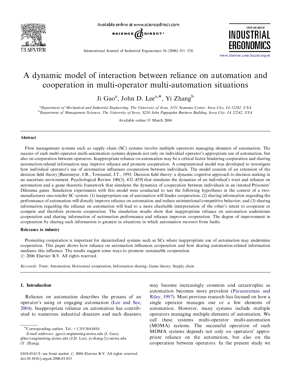 A dynamic model of interaction between reliance on automation and cooperation in multi-operator multi-automation situations