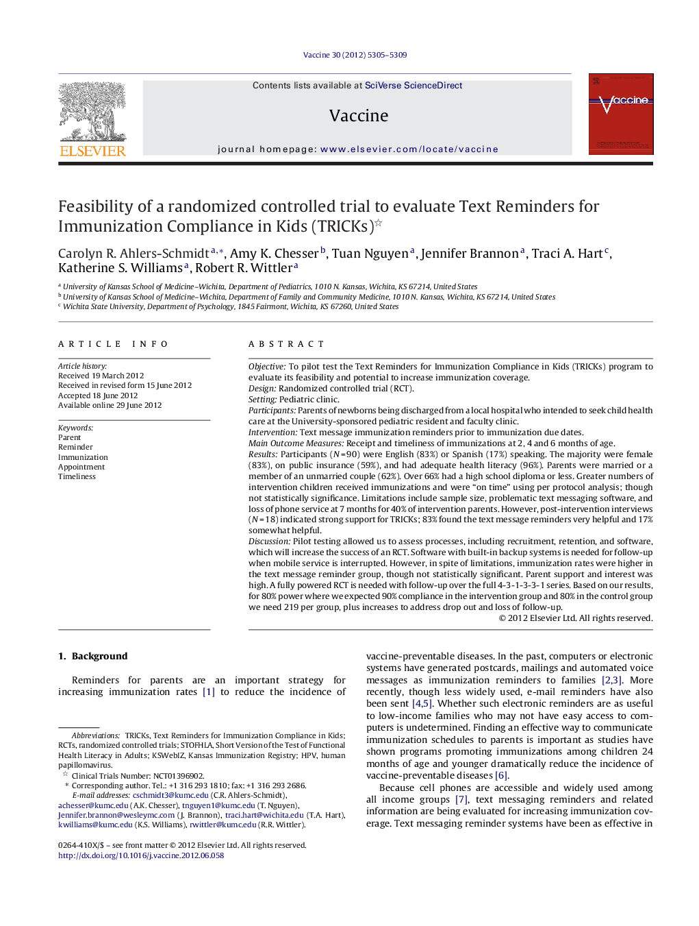 Feasibility of a randomized controlled trial to evaluate Text Reminders for Immunization Compliance in Kids (TRICKs)