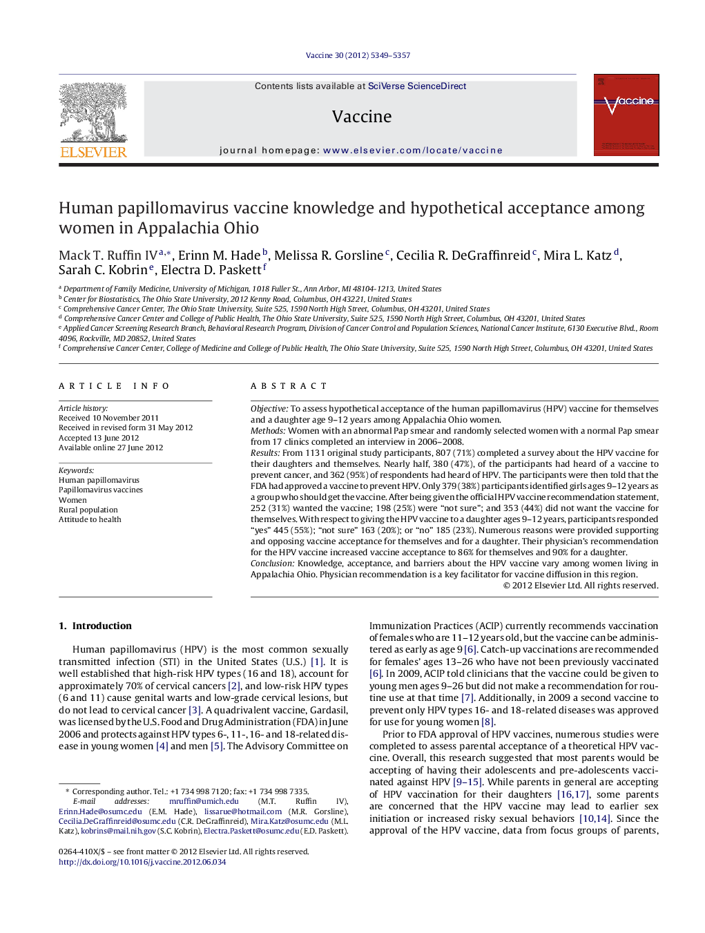 Human papillomavirus vaccine knowledge and hypothetical acceptance among women in Appalachia Ohio