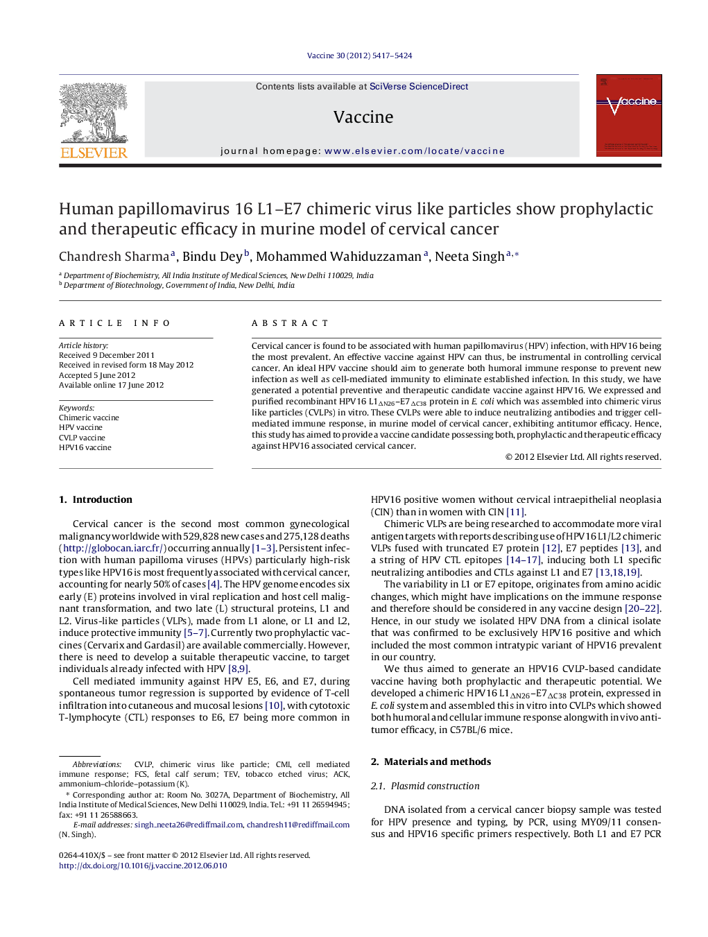 Human papillomavirus 16 L1-E7 chimeric virus like particles show prophylactic and therapeutic efficacy in murine model of cervical cancer