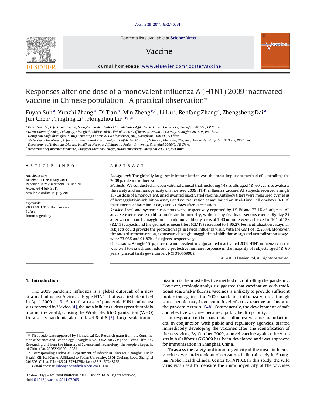 Responses after one dose of a monovalent influenza A (H1N1) 2009 inactivated vaccine in Chinese population-A practical observation