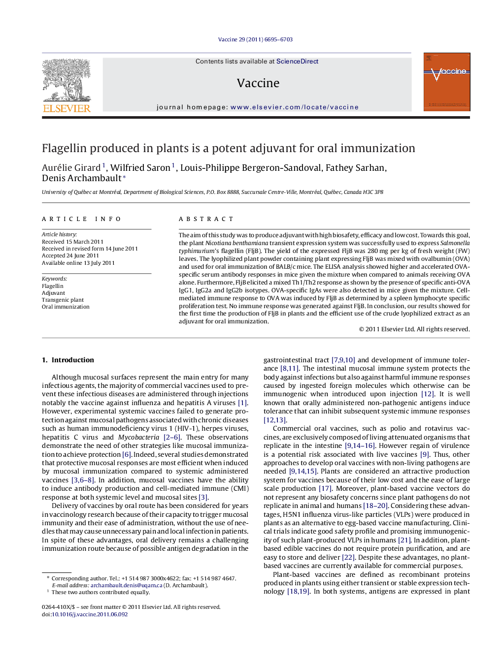 Flagellin produced in plants is a potent adjuvant for oral immunization