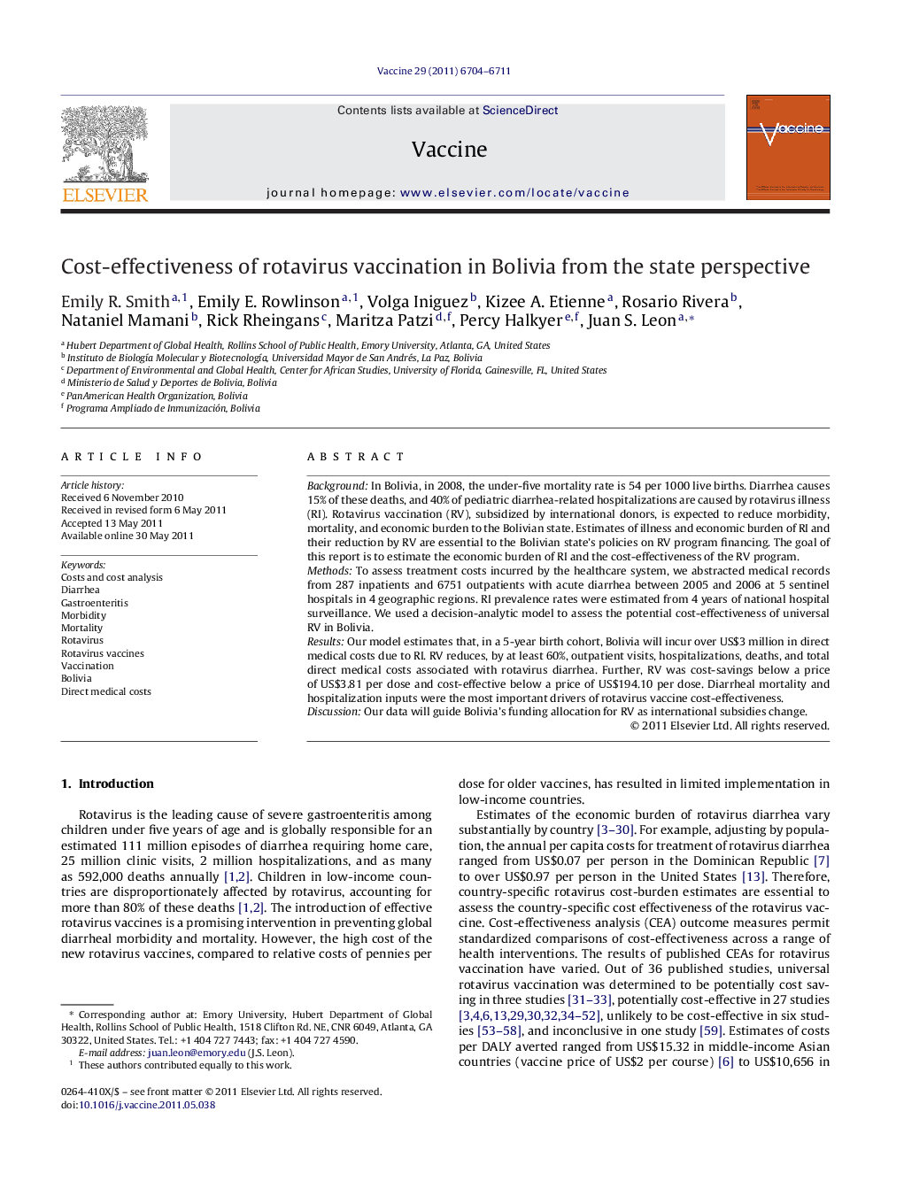 Cost-effectiveness of rotavirus vaccination in Bolivia from the state perspective