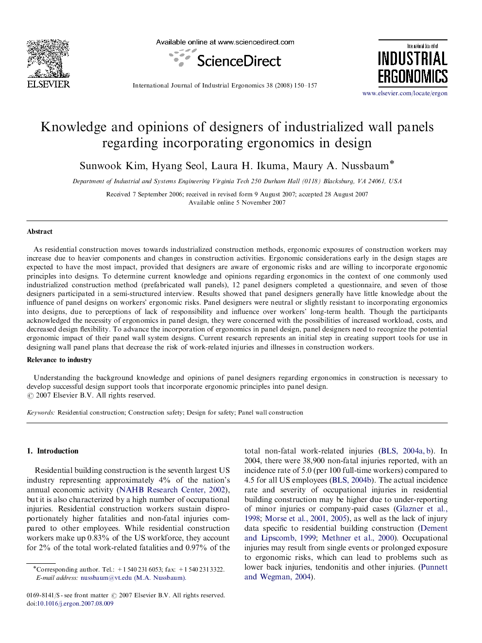 Knowledge and opinions of designers of industrialized wall panels regarding incorporating ergonomics in design