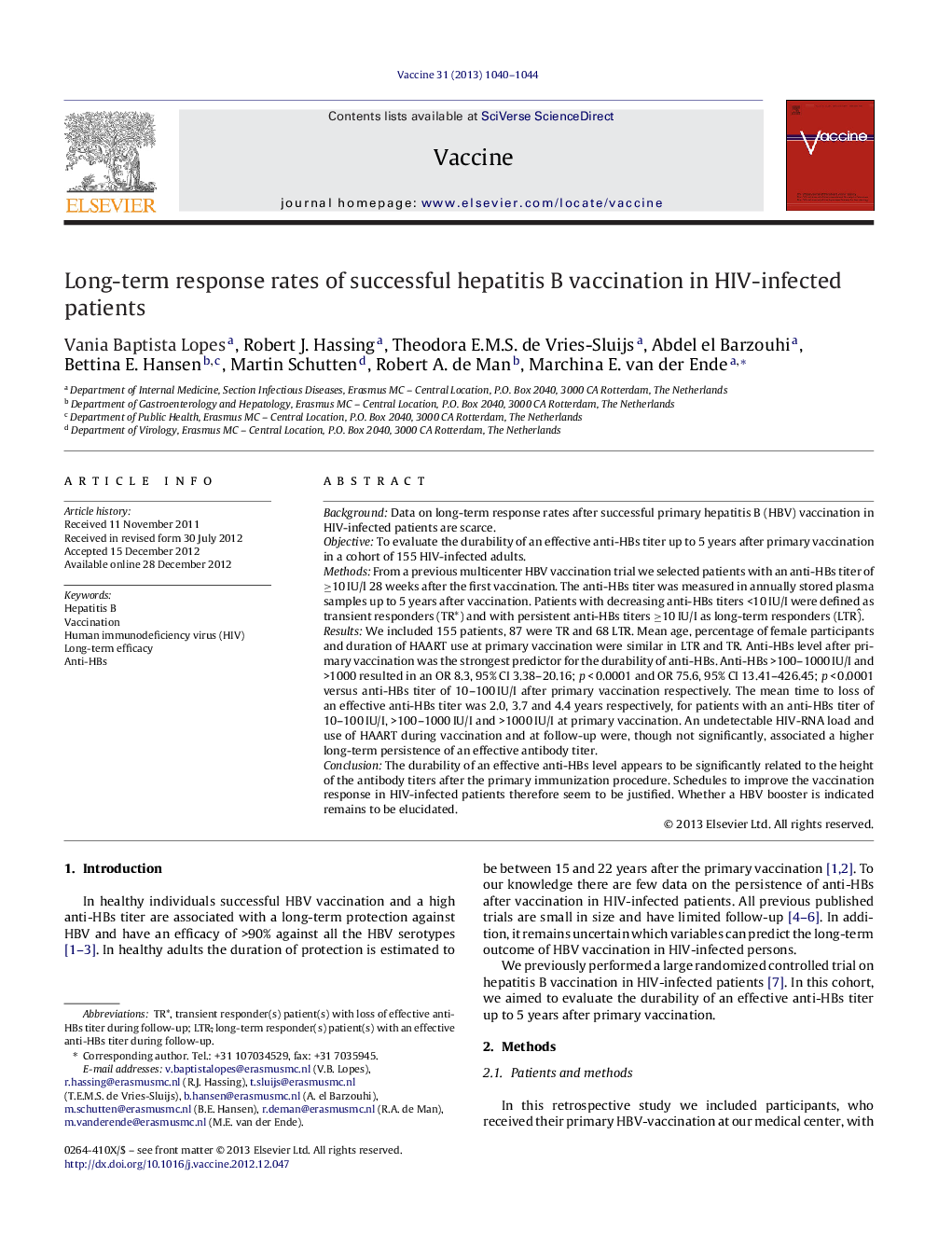 Long-term response rates of successful hepatitis B vaccination in HIV-infected patients