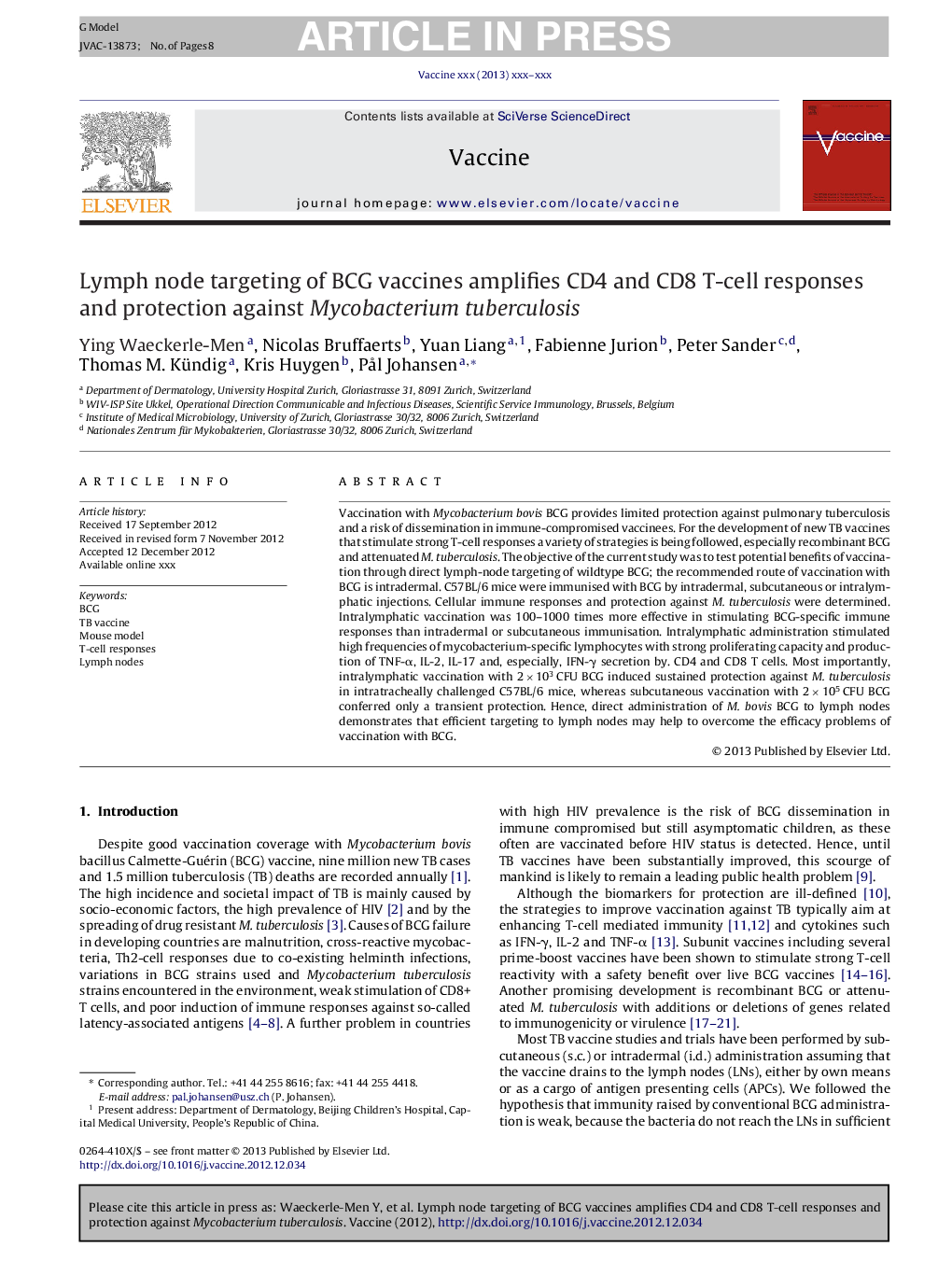 Lymph node targeting of BCG vaccines amplifies CD4 and CD8 T-cell responses and protection against Mycobacterium tuberculosis