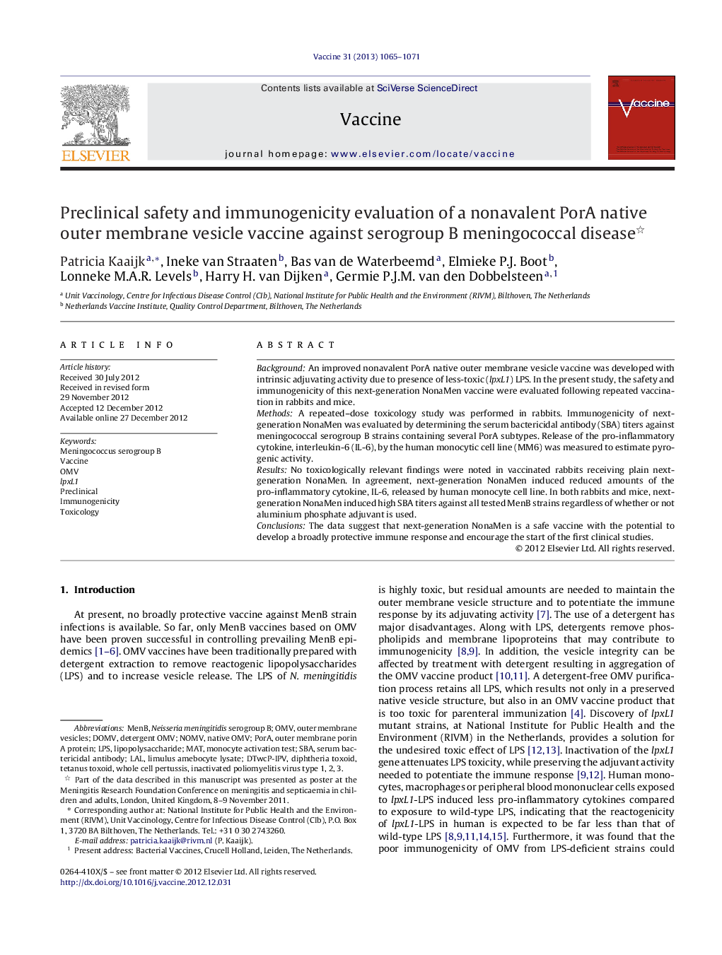 Preclinical safety and immunogenicity evaluation of a nonavalent PorA native outer membrane vesicle vaccine against serogroup B meningococcal disease