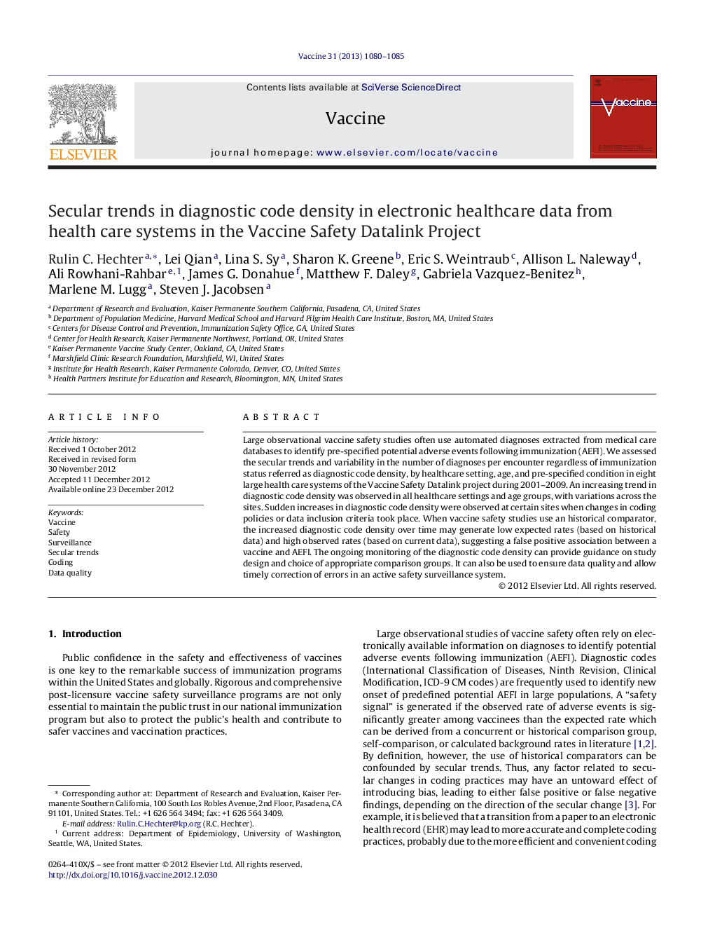 Secular trends in diagnostic code density in electronic healthcare data from health care systems in the Vaccine Safety Datalink Project