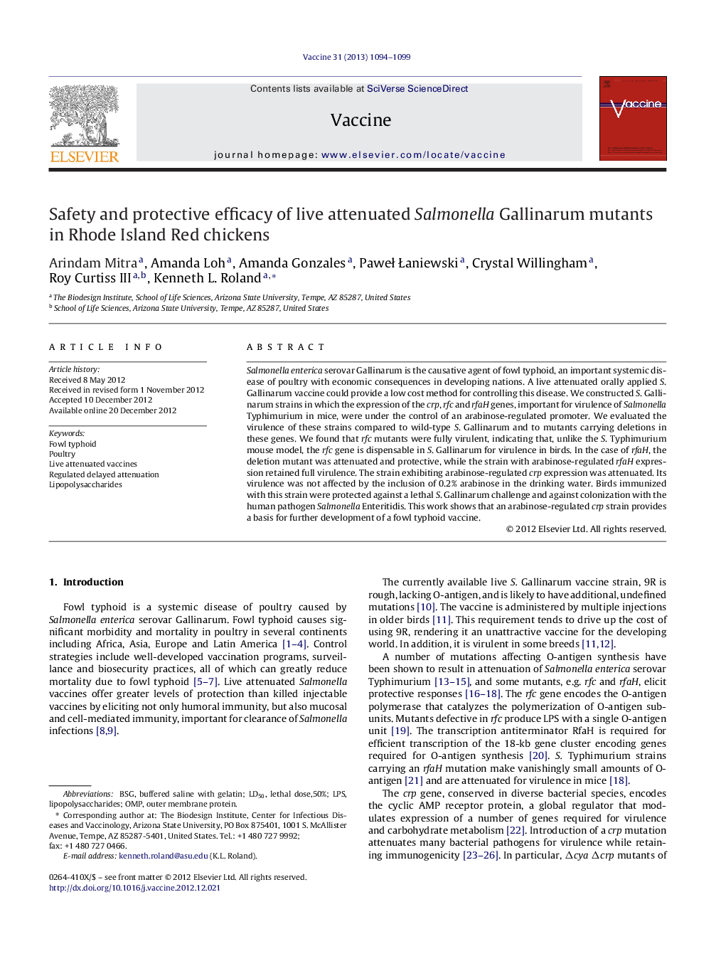 Safety and protective efficacy of live attenuated Salmonella Gallinarum mutants in Rhode Island Red chickens