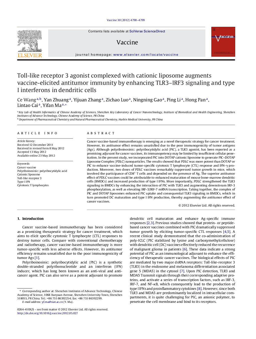 Toll-like receptor 3 agonist complexed with cationic liposome augments vaccine-elicited antitumor immunity by enhancing TLR3-IRF3 signaling and type I interferons in dendritic cells