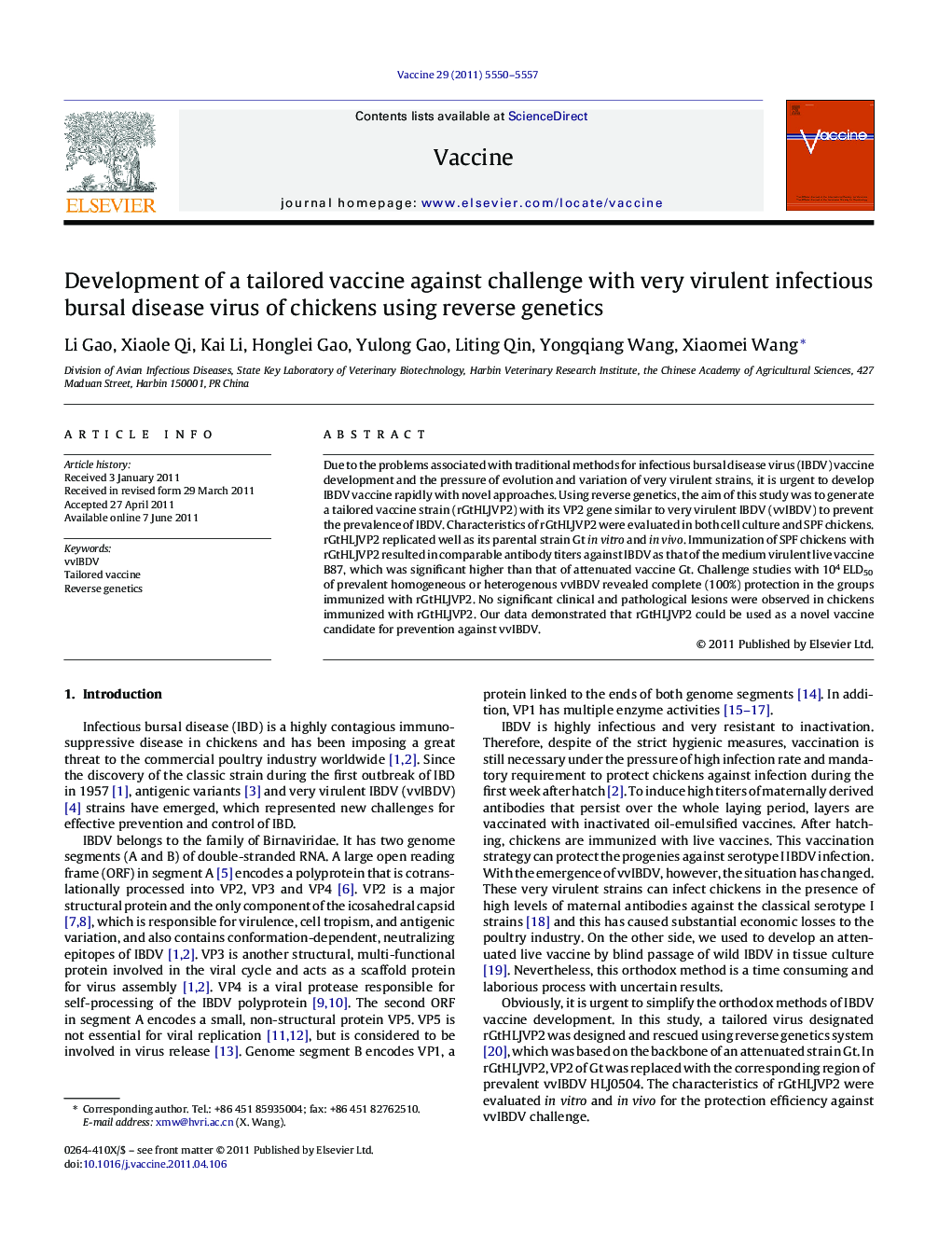 عکس صفحه اول مقاله: Development of a tailored vaccine against challenge with very virulent infectious bursal disease virus of chickens using reverse genetics Development of a tailored vaccine against challenge with very virulent infectious bursal disease virus of chickens using reverse genetics