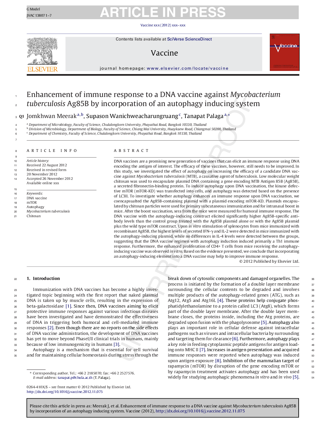 عکس صفحه اول مقاله: Enhancement of immune response to a DNA vaccine against Mycobacterium tuberculosis Ag85B by incorporation of an autophagy inducing system Enhancement of immune response to a DNA vaccine against Mycobacterium tuberculosis Ag85B by incorporation of an autophagy inducing system