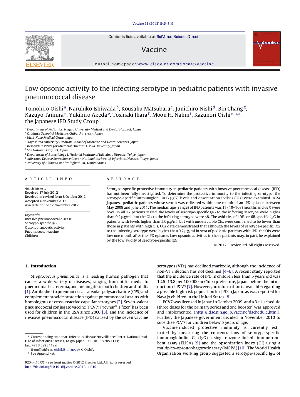 Low opsonic activity to the infecting serotype in pediatric patients with invasive pneumococcal disease