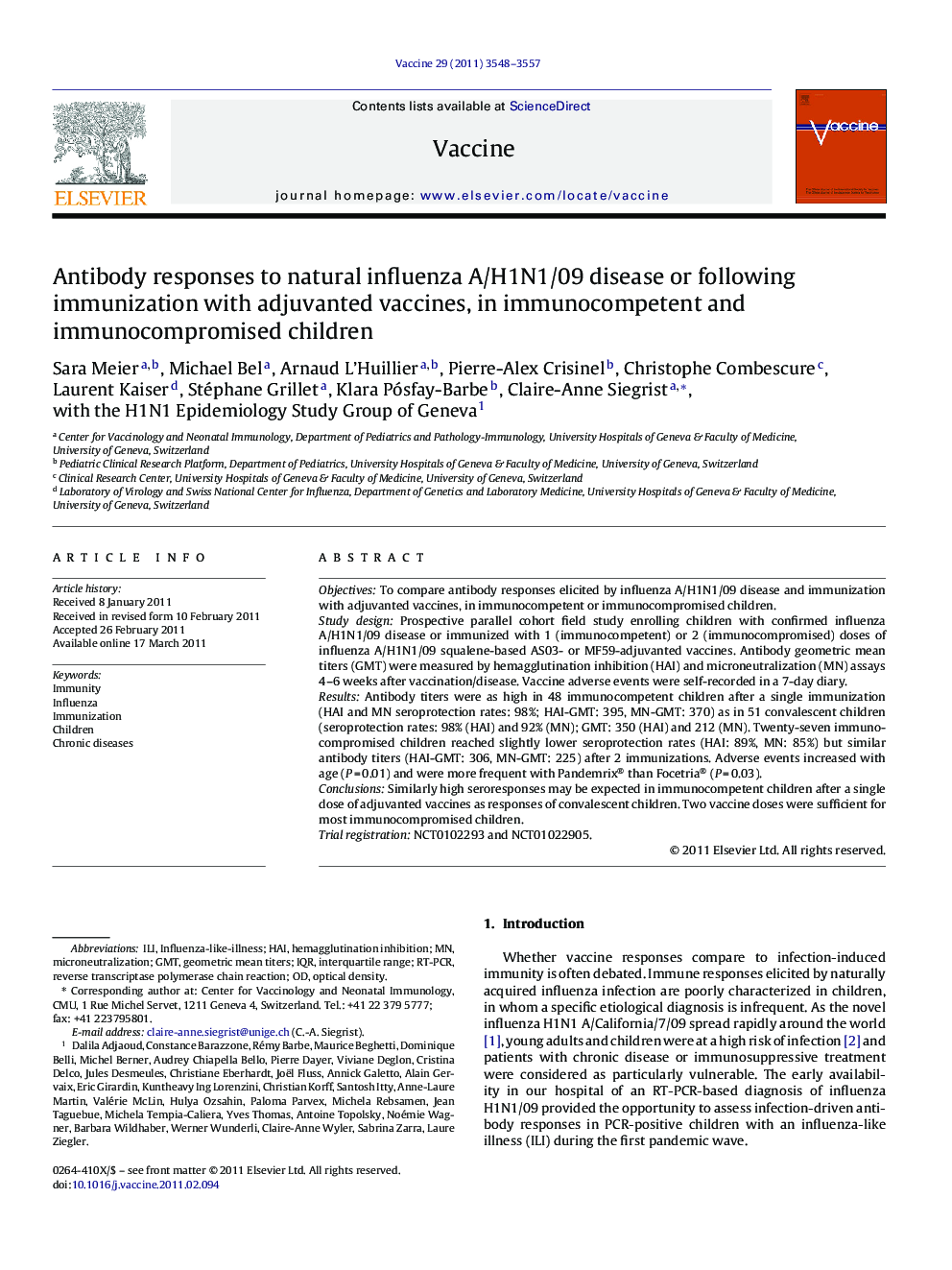 Antibody responses to natural influenza A/H1N1/09 disease or following immunization with adjuvanted vaccines, in immunocompetent and immunocompromised children