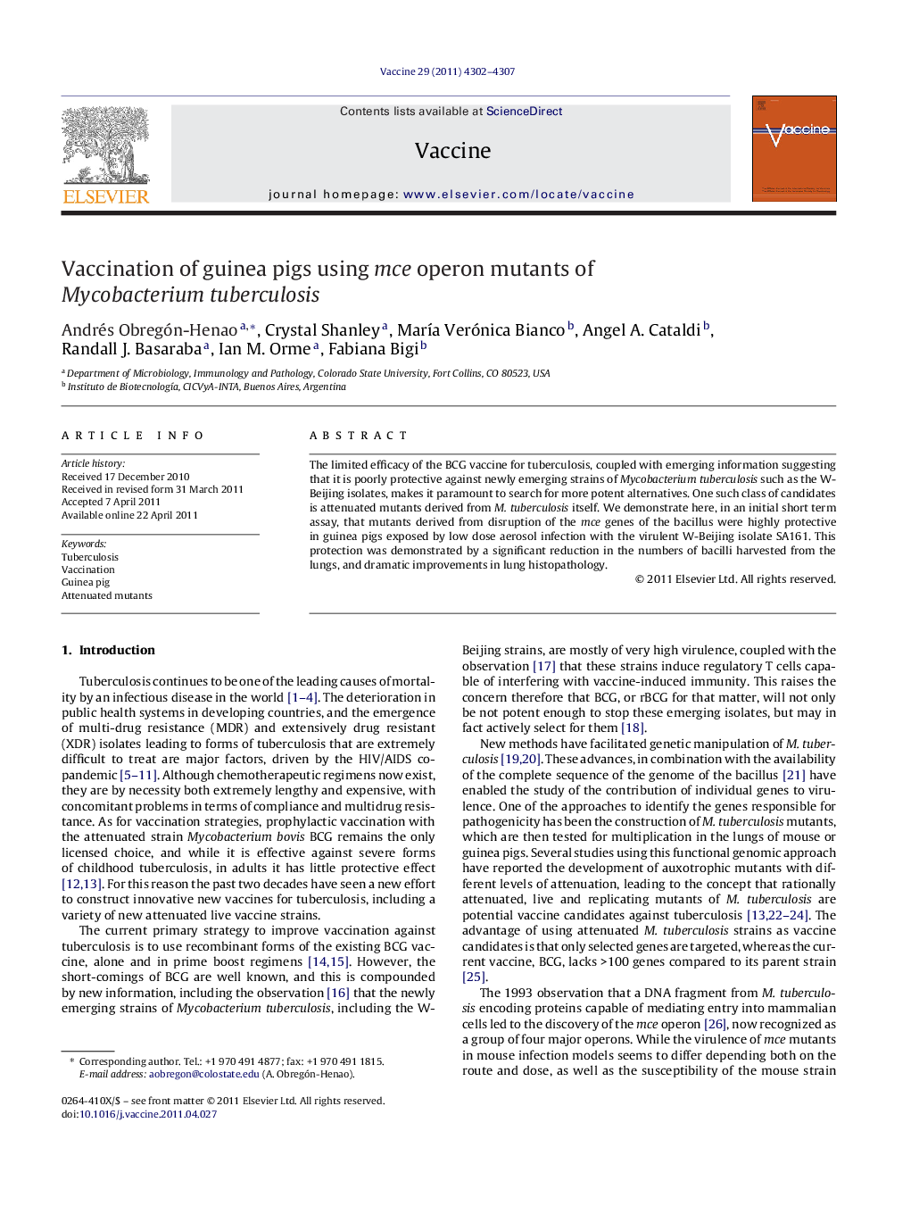 Vaccination of guinea pigs using mce operon mutants of Mycobacterium tuberculosis