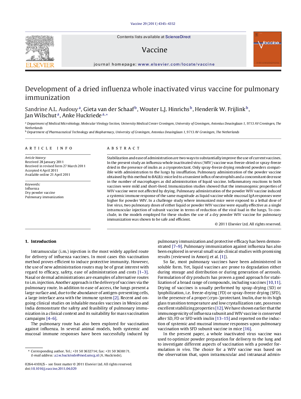 Development of a dried influenza whole inactivated virus vaccine for pulmonary immunization