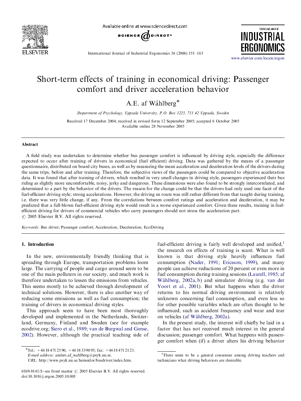 Short-term effects of training in economical driving: Passenger comfort and driver acceleration behavior