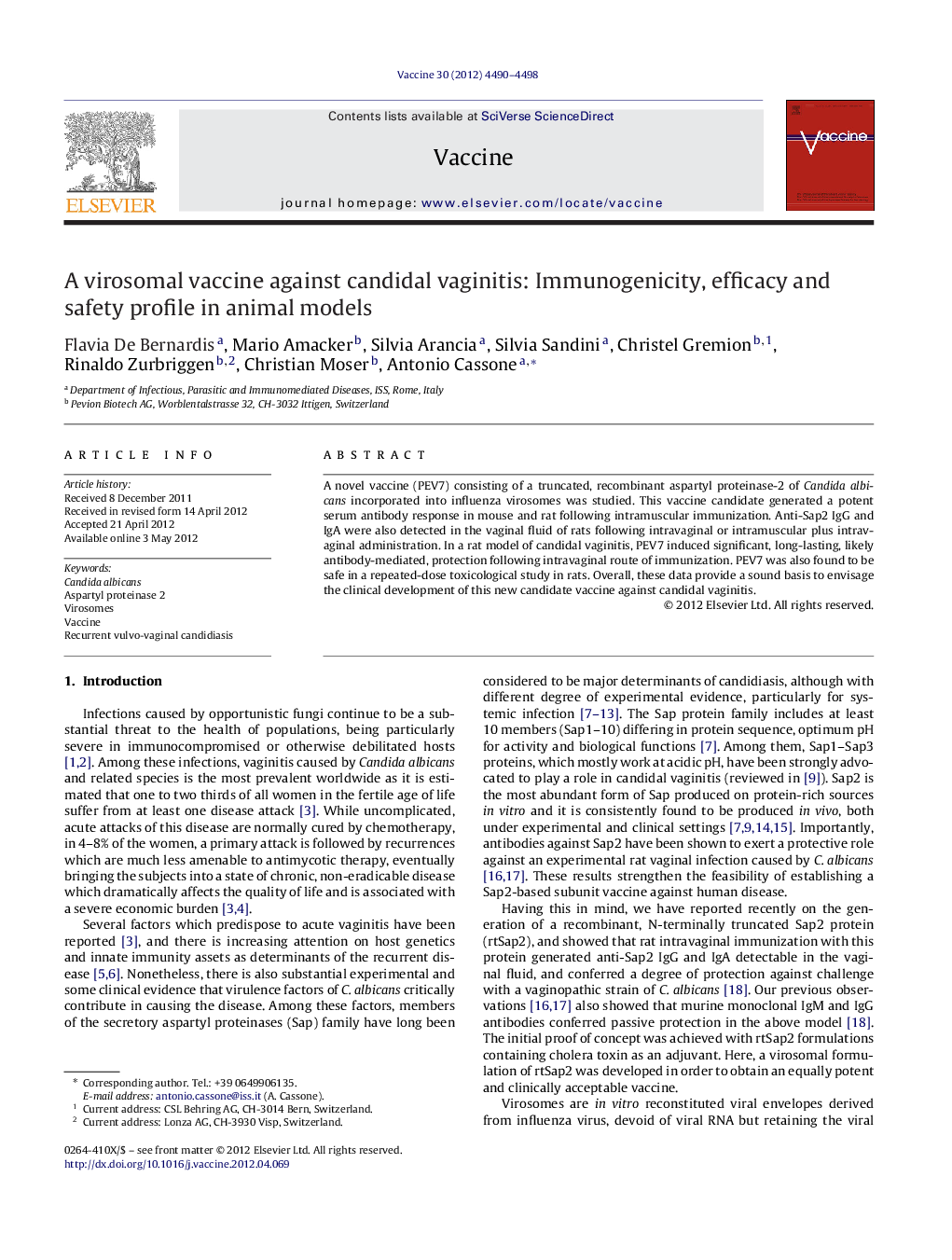 A virosomal vaccine against candidal vaginitis: Immunogenicity, efficacy and safety profile in animal models