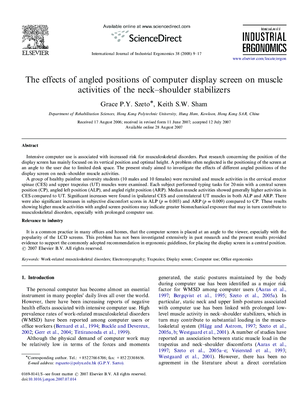 The effects of angled positions of computer display screen on muscle activities of the neck–shoulder stabilizers