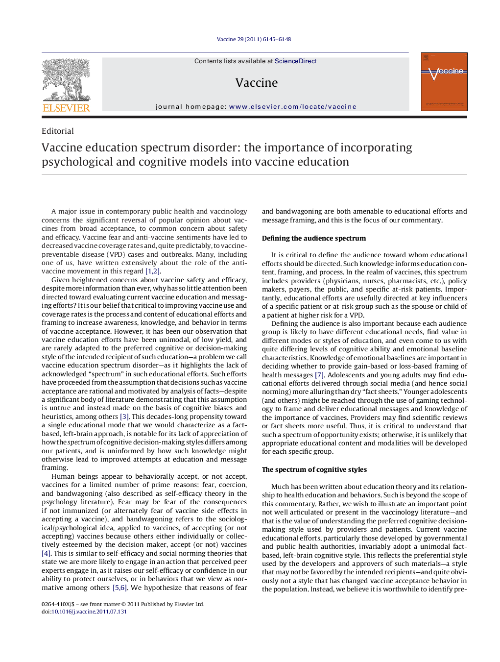 Vaccine education spectrum disorder: the importance of incorporating psychological and cognitive models into vaccine education