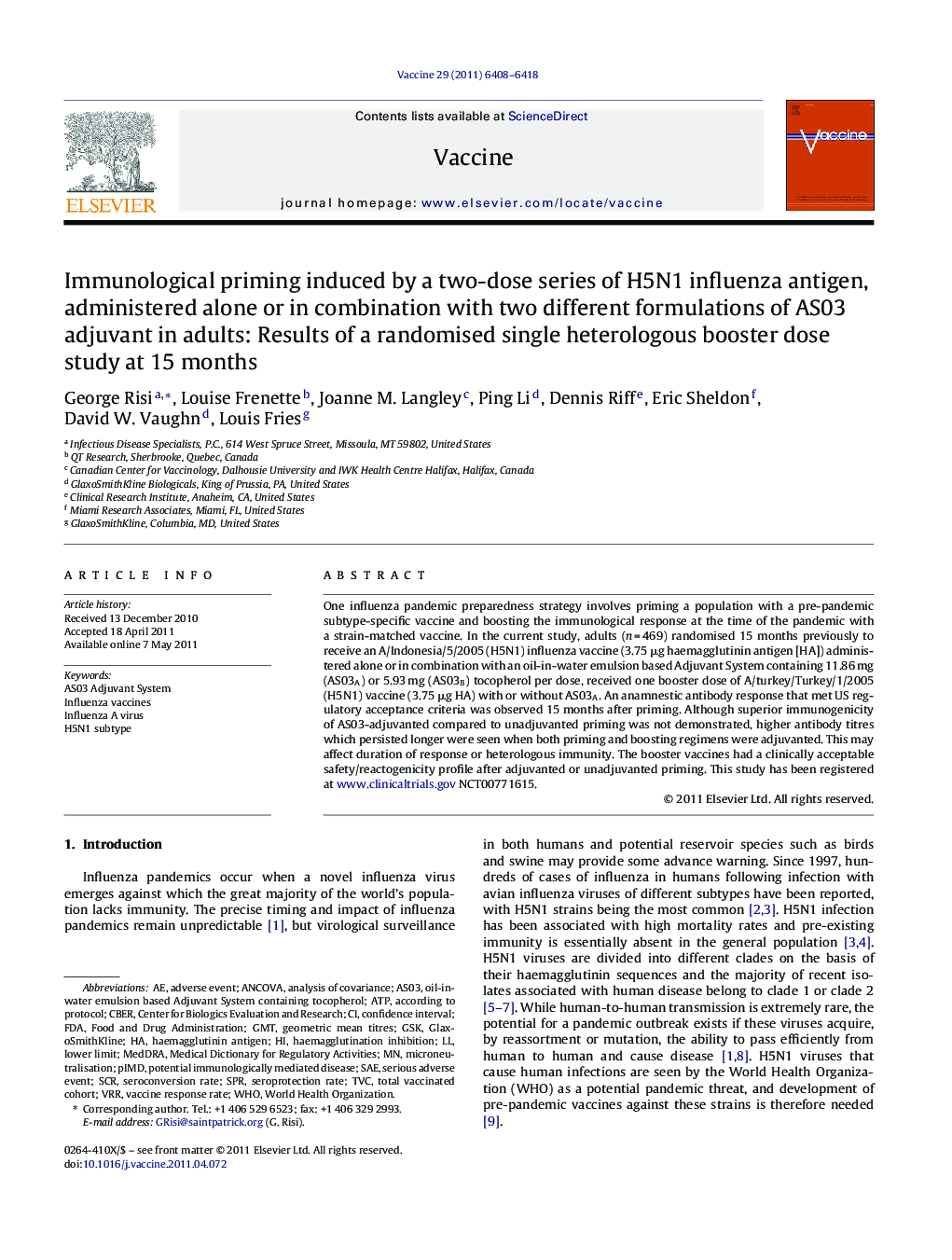 Immunological priming induced by a two-dose series of H5N1 influenza antigen, administered alone or in combination with two different formulations of AS03 adjuvant in adults: Results of a randomised single heterologous booster dose study at 15 months