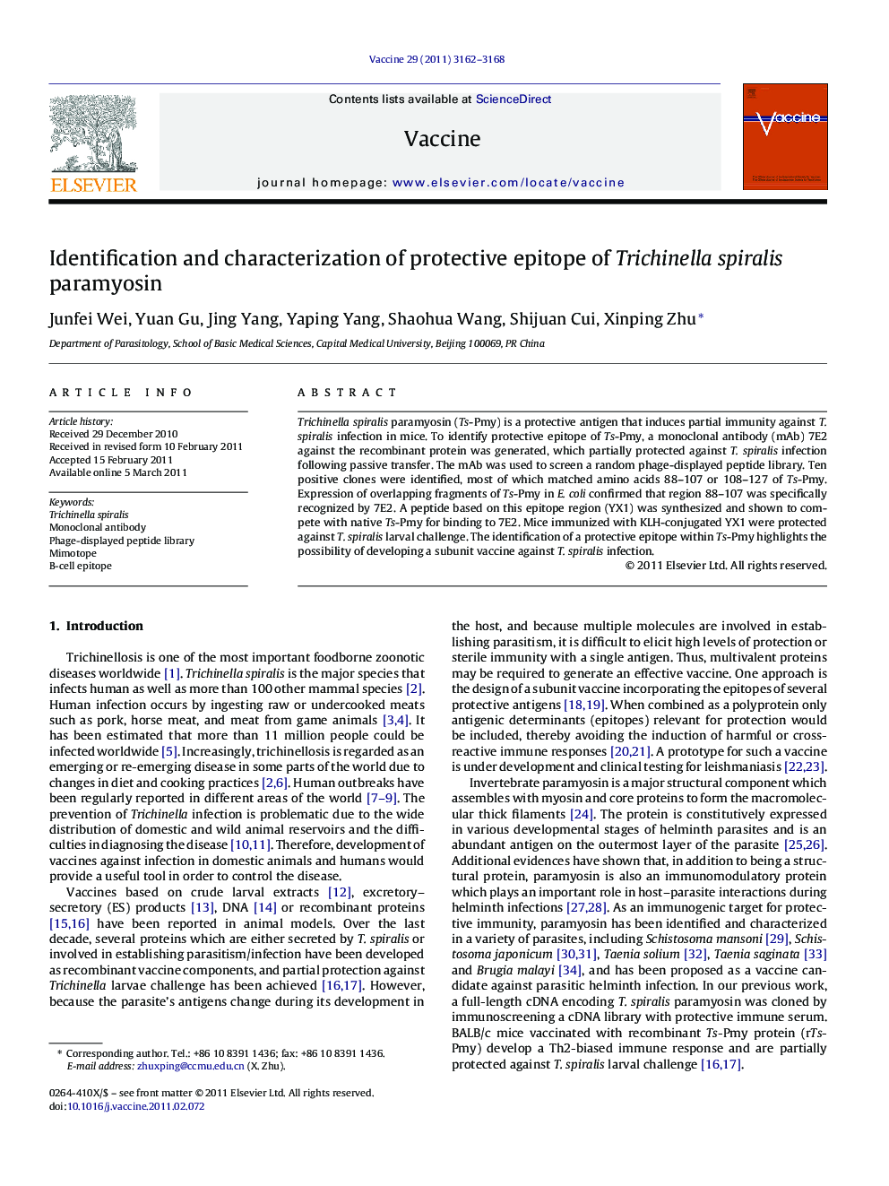 Identification and characterization of protective epitope of Trichinella spiralis paramyosin