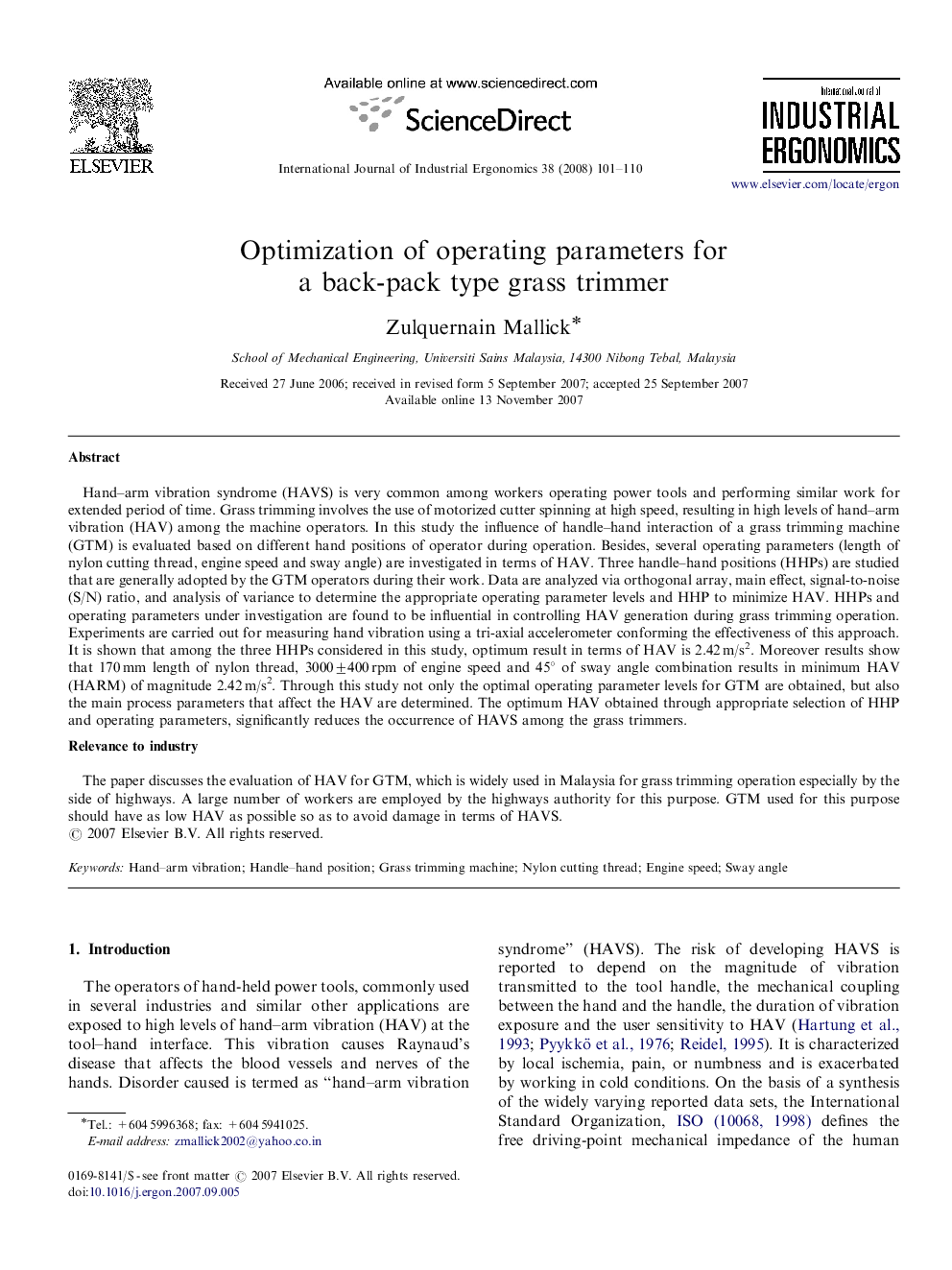 Optimization of operating parameters for a back-pack type grass trimmer