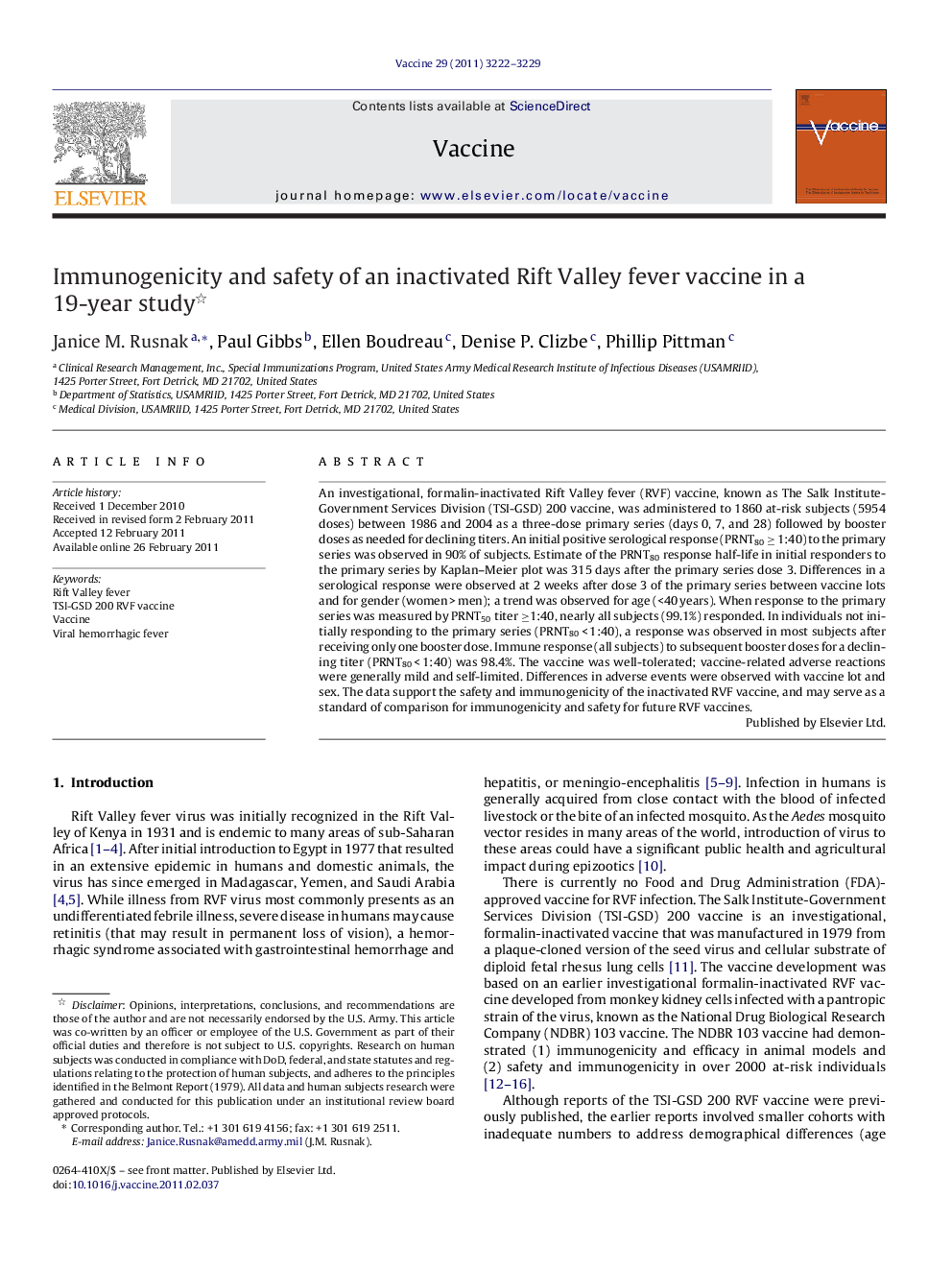 Immunogenicity and safety of an inactivated Rift Valley fever vaccine in a 19-year study