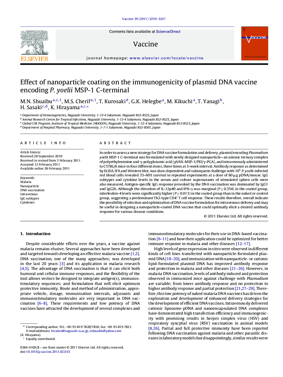 Effect of nanoparticle coating on the immunogenicity of plasmid DNA vaccine encoding P. yoelii MSP-1 C-terminal
