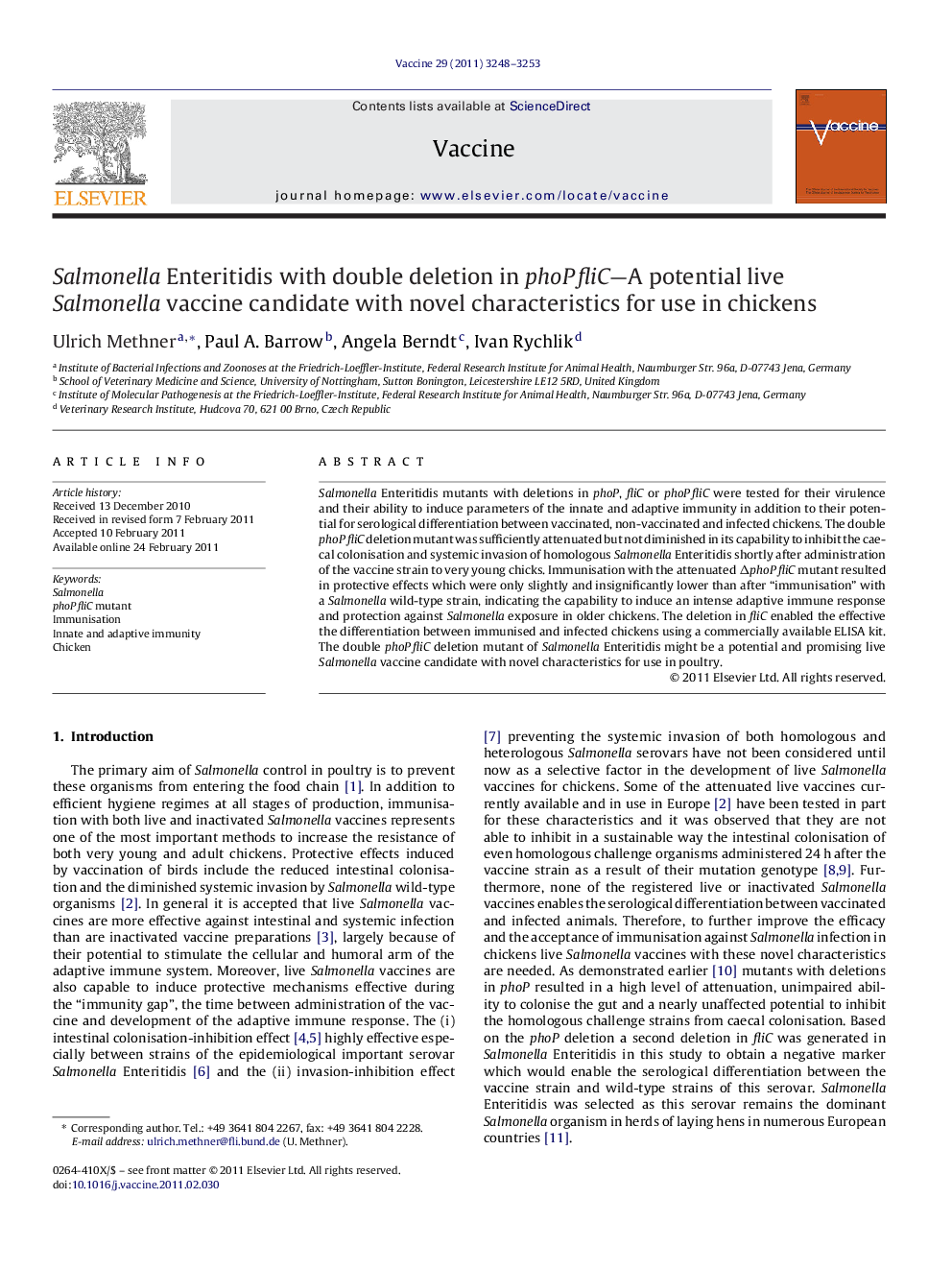 Salmonella Enteritidis with double deletion in phoPÂ fliC-A potential live Salmonella vaccine candidate with novel characteristics for use in chickens