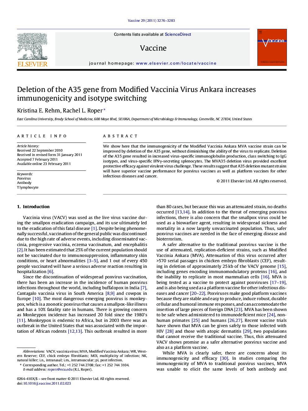 Deletion of the A35 gene from Modified Vaccinia Virus Ankara increases immunogenicity and isotype switching