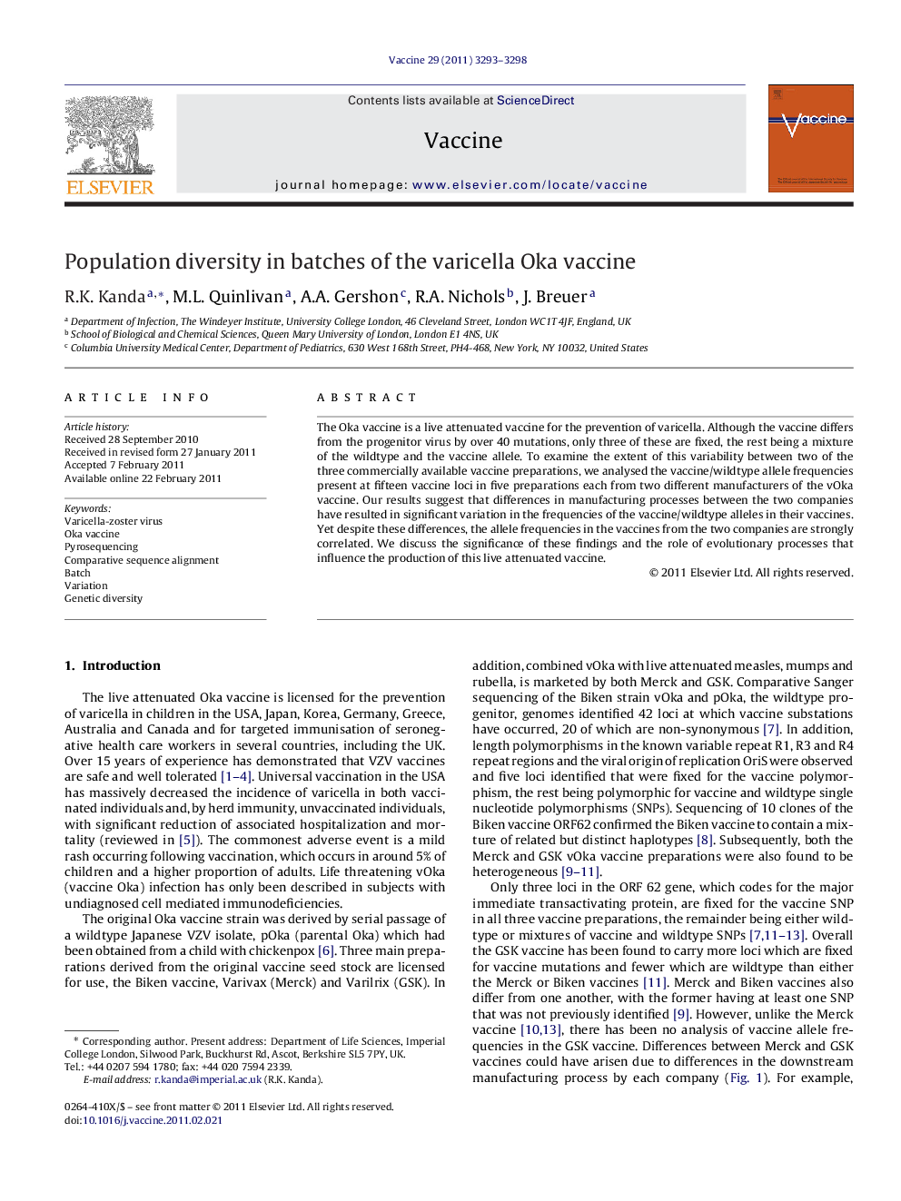 Population diversity in batches of the varicella Oka vaccine