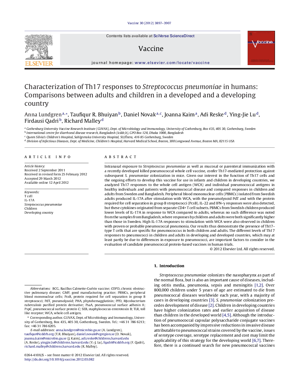 Characterization of Th17 responses to Streptococcus pneumoniae in humans: Comparisons between adults and children in a developed and a developing country