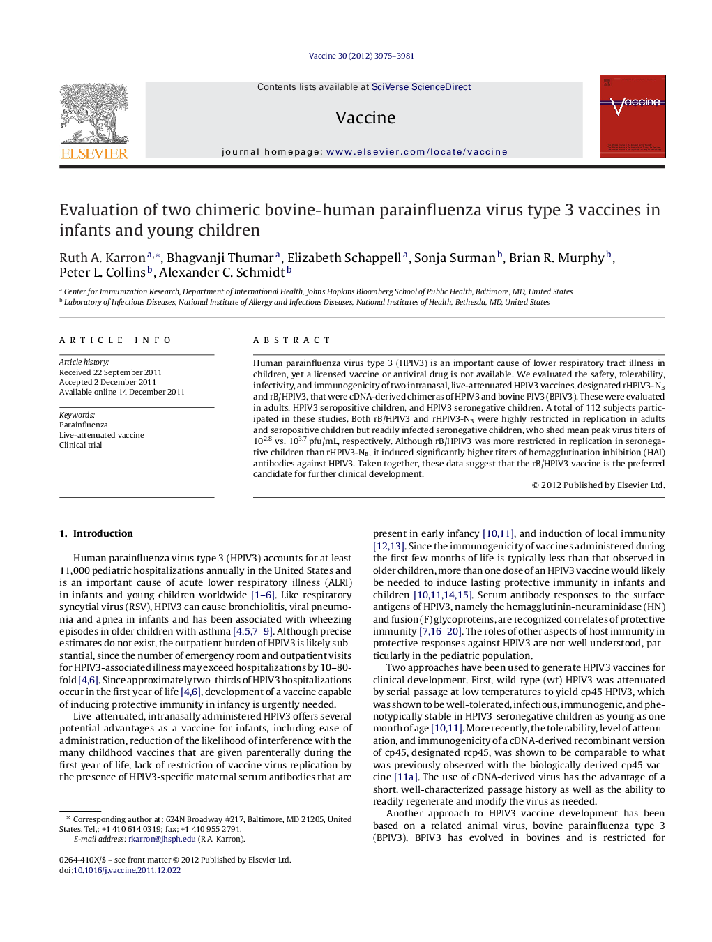 Evaluation of two chimeric bovine-human parainfluenza virus type 3 vaccines in infants and young children