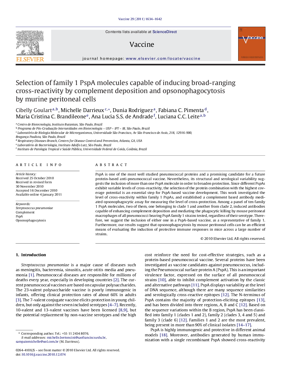 Selection of family 1 PspA molecules capable of inducing broad-ranging cross-reactivity by complement deposition and opsonophagocytosis by murine peritoneal cells