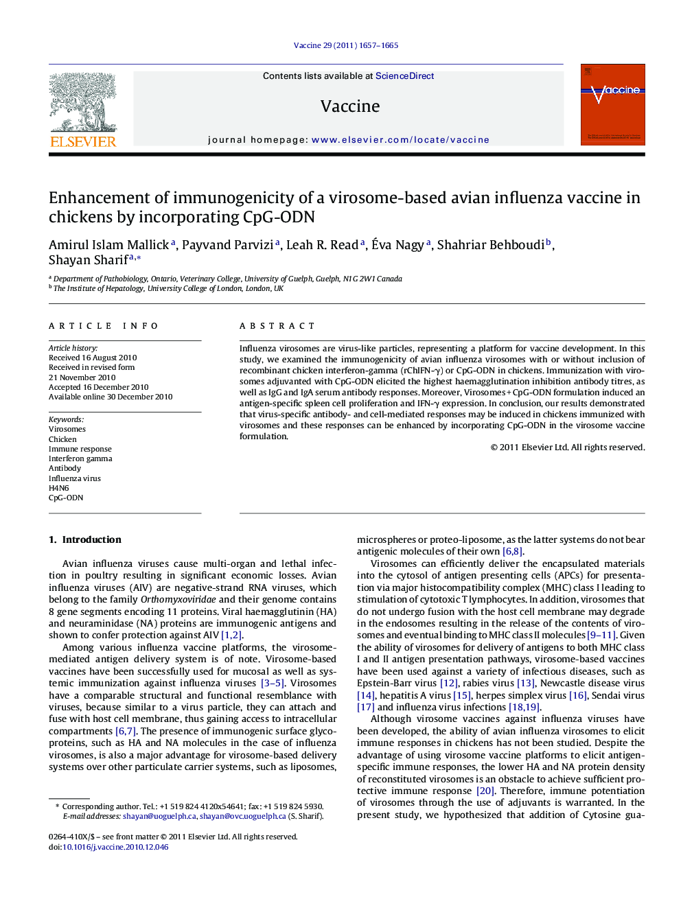 Enhancement of immunogenicity of a virosome-based avian influenza vaccine in chickens by incorporating CpG-ODN