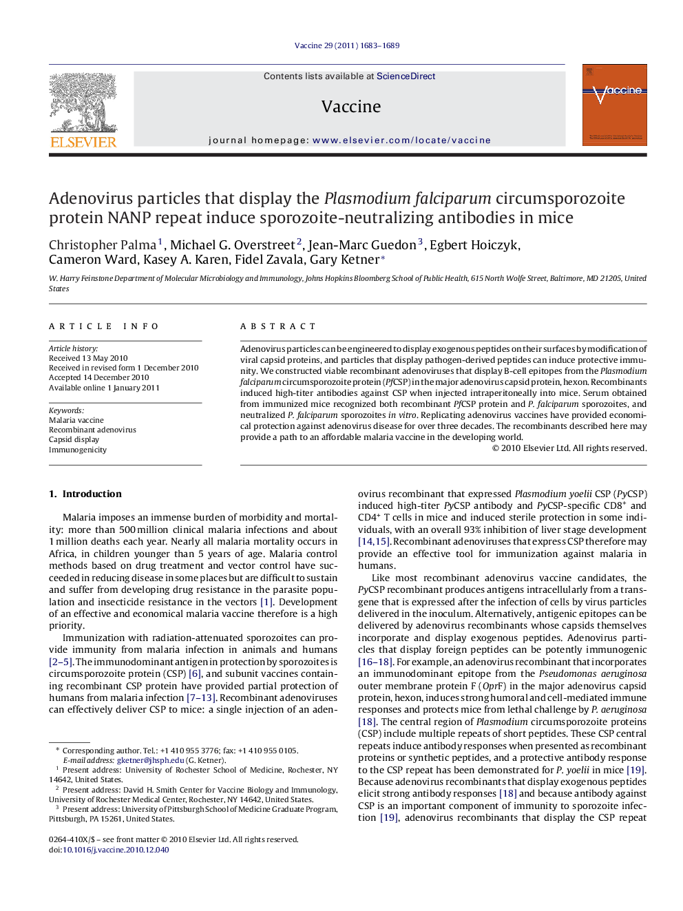 Adenovirus particles that display the Plasmodium falciparum circumsporozoite protein NANP repeat induce sporozoite-neutralizing antibodies in mice