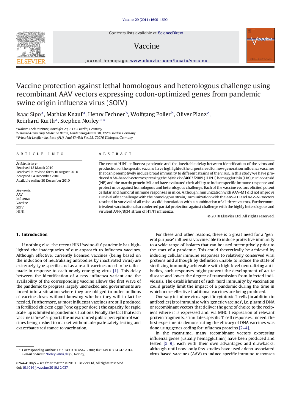 Vaccine protection against lethal homologous and heterologous challenge using recombinant AAV vectors expressing codon-optimized genes from pandemic swine origin influenza virus (SOIV)