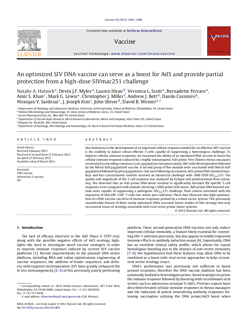 An optimized SIV DNA vaccine can serve as a boost for Ad5 and provide partial protection from a high-dose SIVmac251 challenge