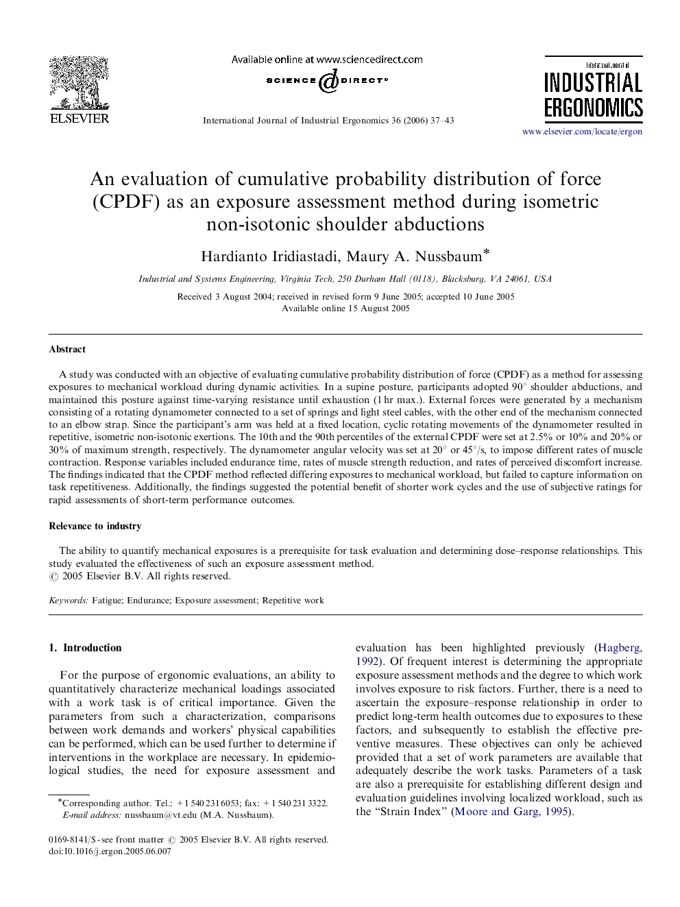 An evaluation of cumulative probability distribution of force (CPDF) as an exposure assessment method during isometric non-isotonic shoulder abductions