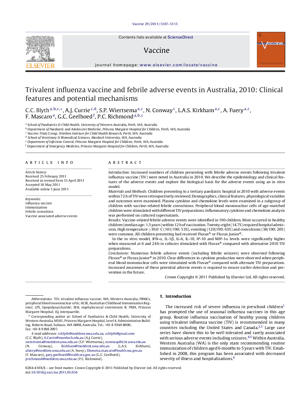 عکس صفحه اول مقاله: Trivalent influenza vaccine and febrile adverse events in Australia, 2010: Clinical features and potential mechanisms Trivalent influenza vaccine and febrile adverse events in Australia, 2010: Clinical features and potential mechanisms